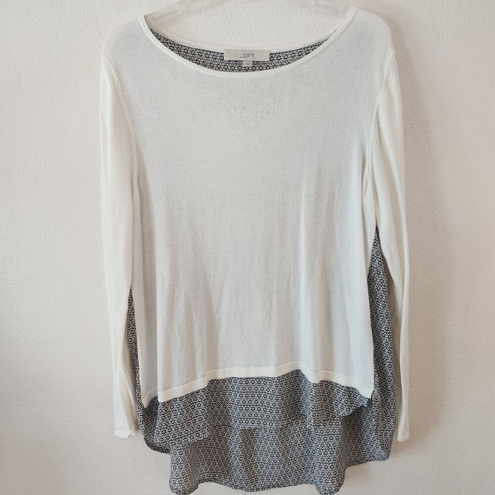 LOFT Cream Black Long Sleeve Layered Look Sweater Floral Geometric Top Size L